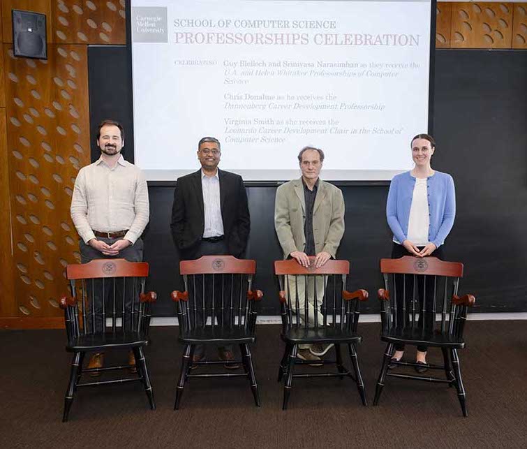SCS faculty members Chris Donahue, Srinivasa Narasimhan, Guy Blelloch and Virginia Smith recently received endowed faculty chairs to recognize and support their work and research.