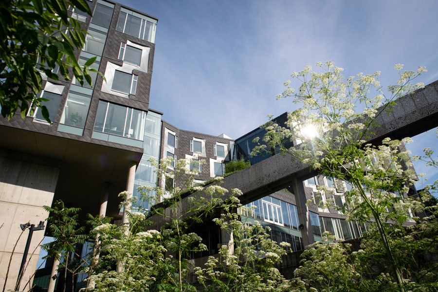 Stock image of the Gates Hillman Center looking up at it on a sunny summer day.