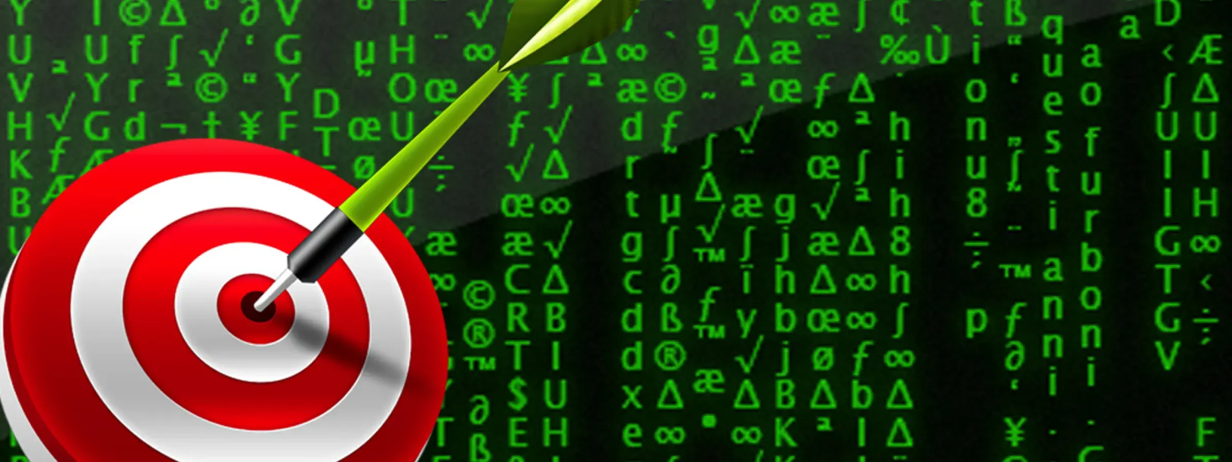 ACO Image Header - bullseye with a dart in front of a computer screen black with green code chains