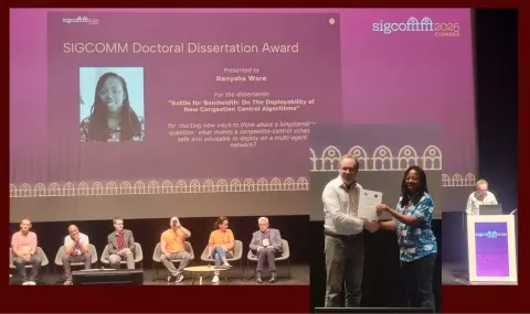 Composite of Ranysha Ware receiving her dissertation award overlayed on photo of slide presentation announcing the award. 